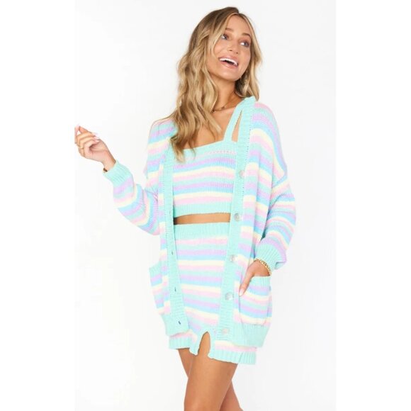 Show Me Your Mumu Pastel Striped Knit 3-Piece Set Cardigan Crop Top & Mini Skirt - Picture 6 of 16